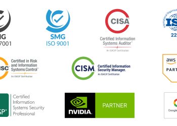 A collage of certifications including ISO standards, AWS Partner, Google Partner, and professional IT security credentials, emphasizing verified expertise and credibility.